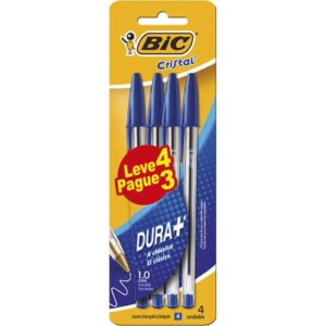 Caneta Esferográfica BIC Escrita Média Cristal Dura Mais, Azul, Leve 4 Pague 3, BT 4 UN