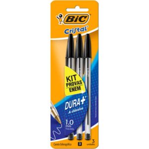 Caneta Esferográfica BIC Escrita Média Cristal Dura Mais, Preto, BT 3 UN